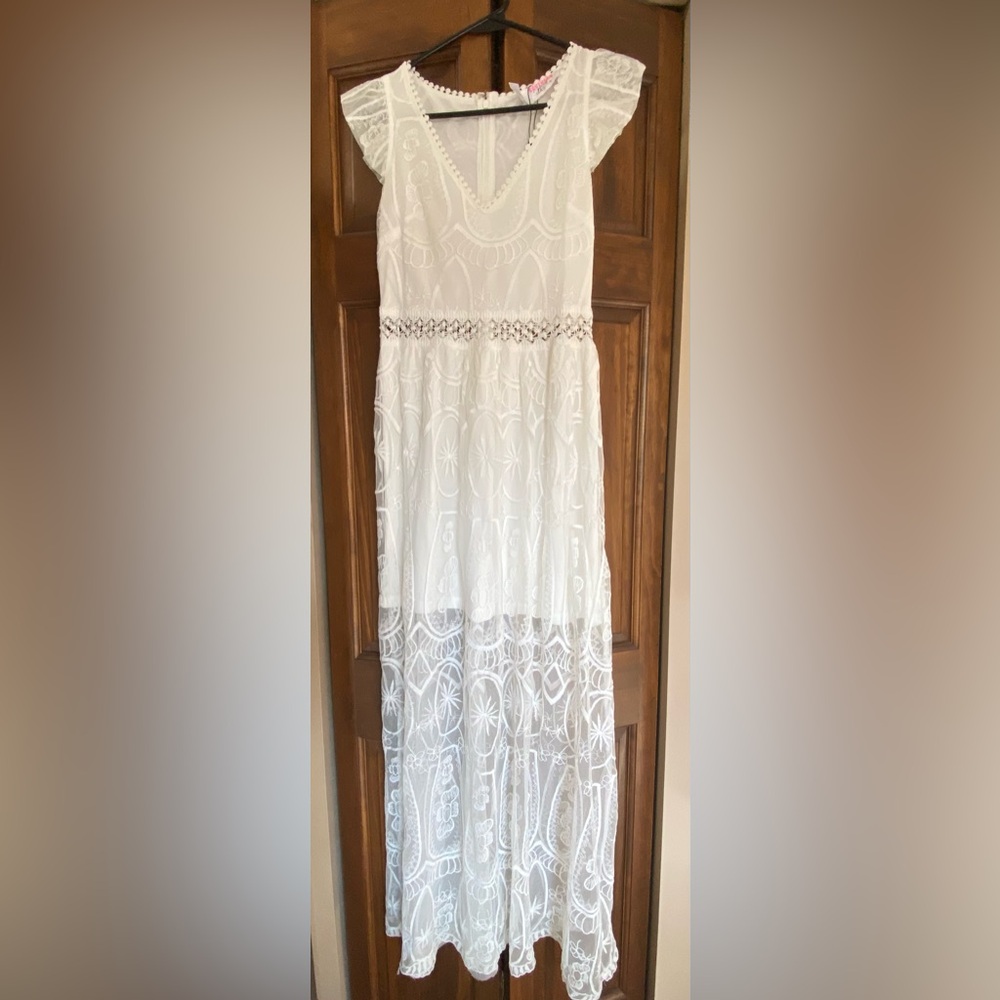 White V Neck Southern Fried Chics Lace Dress